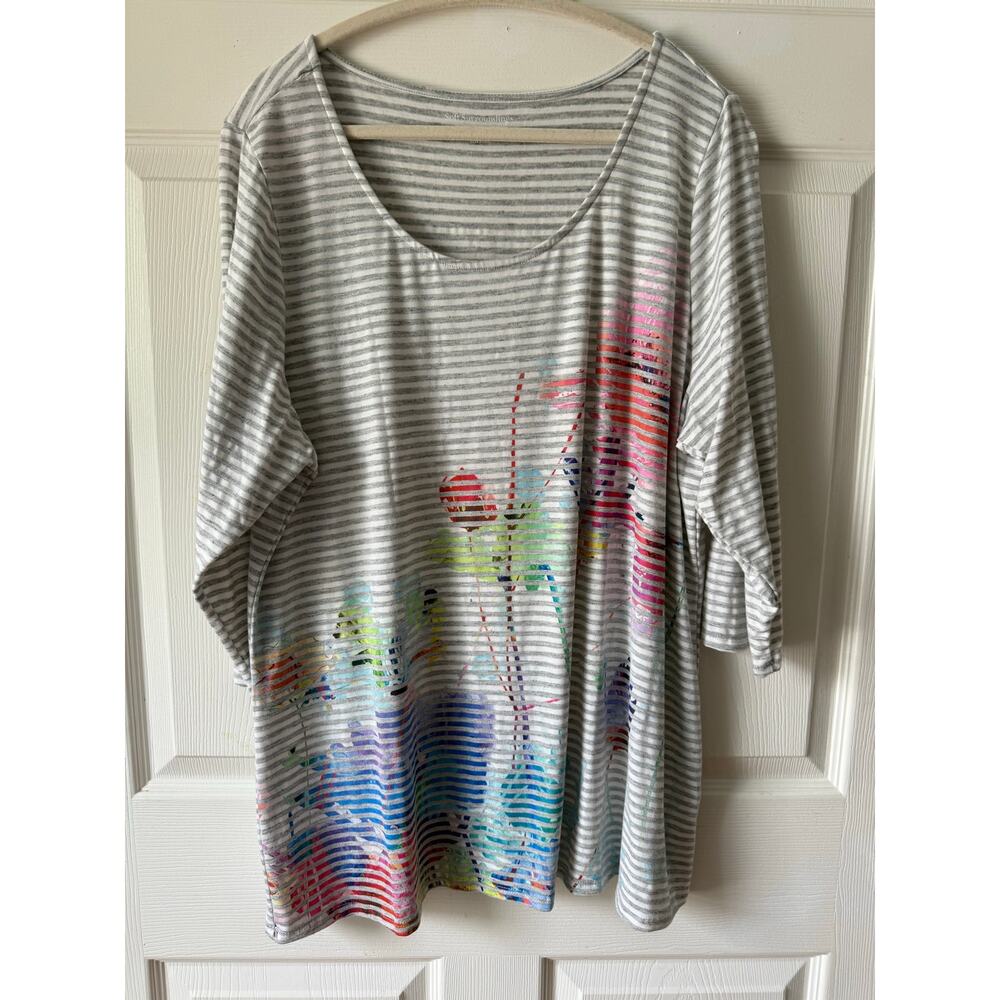 Soft Surroundings Gray Stripe Floral Art Top 2X 3/4 Sleeve Lightweight Rainbow